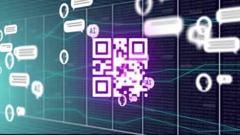 Animation-of-ai-data-processing,-chat-and-icons-over-qr-code