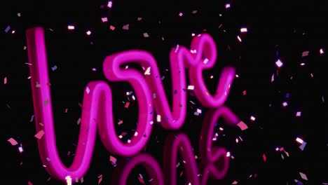 Animation-of-confetti-falling-over-love-text-in-pink-on-reflective-black-background