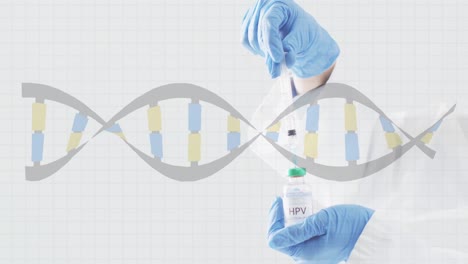 Animation-of-dna-strand-moving-over-hands-of-doctor-preparing-hpv-vaccine-on-grey-background