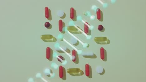 Animation-Eines-DNA-Strangs,-Der-Sich-über-Auf-Hellem-Hintergrund-Angeordnete-Pillen-Und-Tabletten-Bewegt