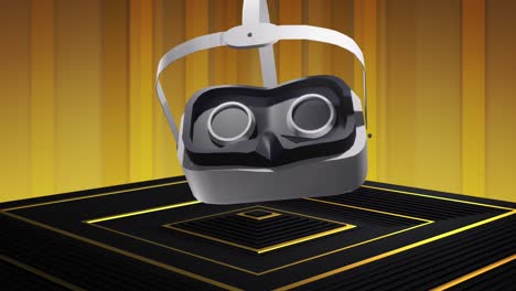 Animation-of-vr-headset-moving-over-black-and-gold-podium-on-gold-background