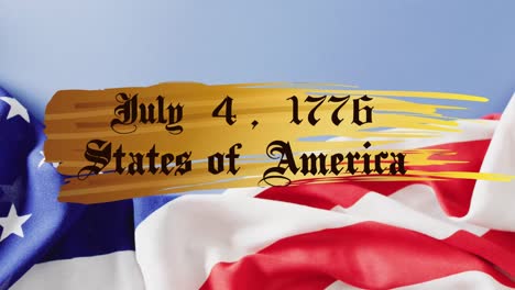 Animation-Des-Textes-Zum-Datum-Der-Amerikanischen-Unabhängigkeit-über-Wehender-Amerikanischer-Flagge-Und-Blauem-Himmel