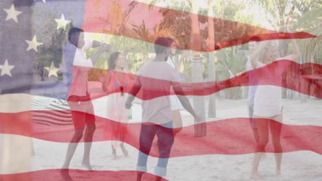 Animation-Der-Schwenkenden-Flagge-Amerikas-über-Verschiedenen-Freunden-Am-Sonnigen-Strand-Zum-Unabhängigkeitstag