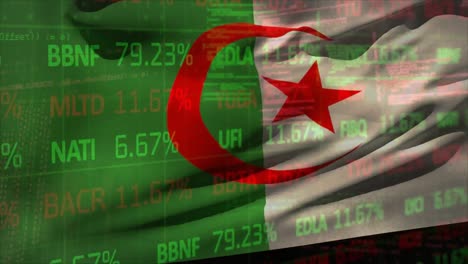 Animation-of-trading-board-over-waving-algerian-flag-and-computer-language-against-black-background