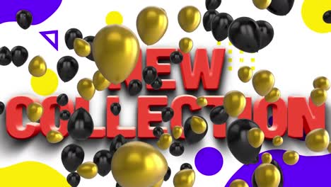 Animation-Von-Luftballons-über-Neuem-Kollektionstext-Vor-Geometrischer-Form-Auf-Weißem-Hintergrund