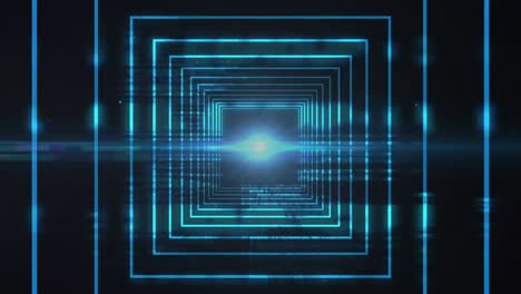 Animation-of-looping-squares-forming-tunnel,-lens-flares-and-computer-language-on-black-background