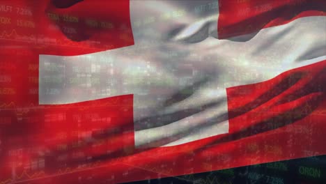Animation-of-national-flag-of-switzerland-waving-over-bars-against-trading-board-in-background