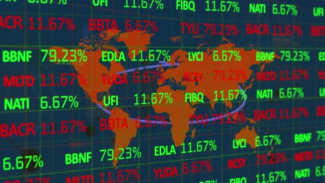 Animation-of-trading-board-over-geometric-shapes-and-numbers-on-map-against-abstract-background