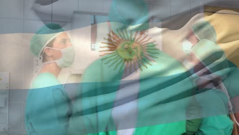 Animation-of-flag-of-argentina-waving,-diverse-surgeons-analyzing-patient-x-ray-reports-n-hospital