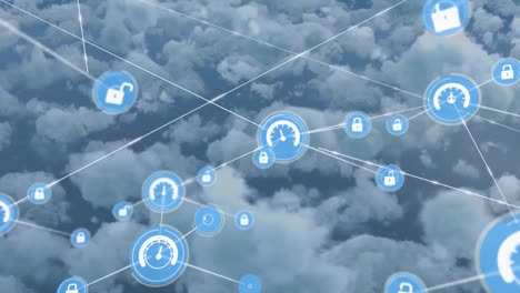 Animation-of-icons-connected-with-lines-over-aerial-view-of-dense-clouds-in-background