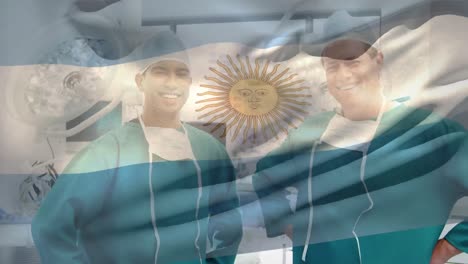 Animation-of-flag-of-argentina-flag-waving,-smiling-diverse-surgeons-standing-in-operation-theater