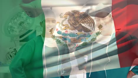 Animation-of-mexico-flag-waving-over-diverse-surgeons-standing-in-operation-theater-in-hospital