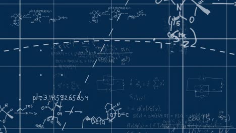 Animación-De-Líneas-Sobre-Patrón-De-Cuadrícula-Y-Ecuaciones-Y-Diagramas-Matemáticos-Sobre-Fondo-Negro