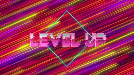 Animation-of-level-up-text-over-rhombuses-against-time-lapse-of-multicolored-lines