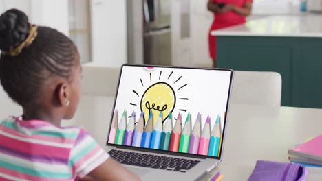 African-american-girl-using-laptop-for-video-call,-with-coloured-pencils-and-light-bulb-on-screen