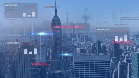Animation-Von-Texten,-Grafiken-Und-Computersprache-über-Luftaufnahme-Einer-Modernen-Stadt-Vor-Dem-Himmel