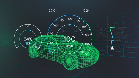 Animation-of-speedometer-with-texts,-changing-numbers,-arrow-on-map-pattern-over-3d-model-of-car