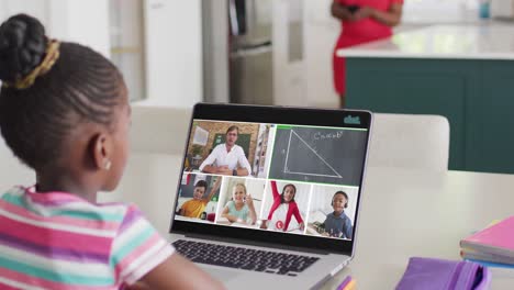 African-american-girl-using-laptop-for-online-lesson-with-diverse-school-children-and-teacher