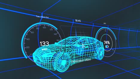 Animation-of-speedometers-and-numbers-over-3d-model-of-car-against-grid-pattern-on-black-background