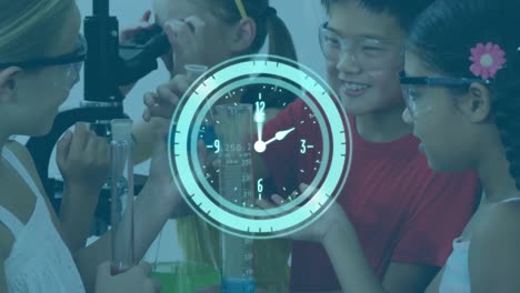 Animation-of-digital-clock-over-diverse-students-pouring-liquid-in-test-tube-and-using-microscope