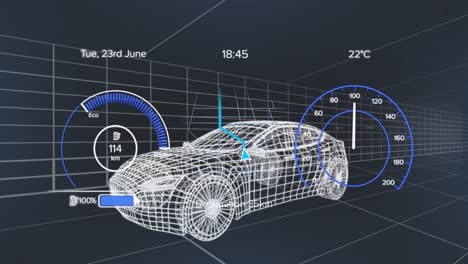 Animation-Von-Tachometern-Und-Zahlen-über-Einem-3D-Modell-Eines-Autos-Vor-Einem-Gittermuster-Auf-Schwarzem-Hintergrund