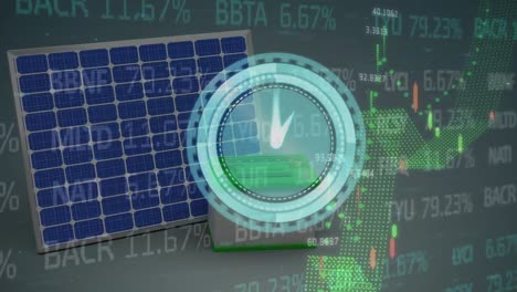 Animation-of-digital-clock-over-trading-board,-graphs,-solar-panel,-battery-against-white-background
