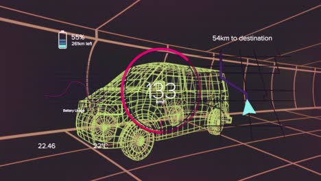 Animation-Sich-ändernder-Zahlen-In-Kreisen,-Batteriesymbole-über-Einem-3D-Modell-Eines-Lieferwagens-Auf-Schwarzem-Hintergrund