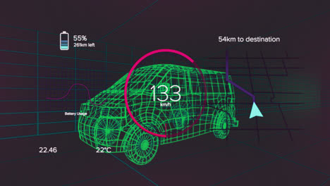 Animation-Von-Sich-ändernden-Zahlen-In-Kreisen,-Batteriesymbolen,-Pfeil-Auf-Dem-Kartenmuster-über-Dem-3D-Modell-Eines-Lieferwagens