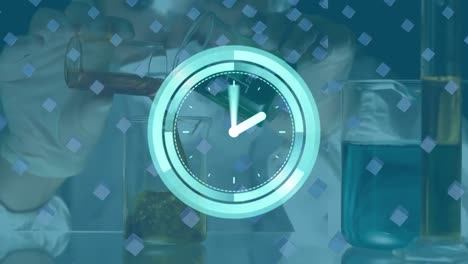 Animation-of-digital-clock-and-3d-cubes-over-caucasian-boy-pouring-liquids-in-beaker