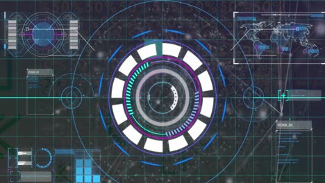 Animation-of-arc-reactor-over-globes,-map-over-globes-against-connected-dots-on-black-background