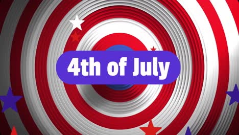 Animación-Del-Texto-Del-4-De-Julio,-Día-De-La-Independencia,-Sobre-Anillos-Y-Estrellas-Con-Los-Colores-De-La-Bandera-Estadounidense