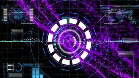 Animation-of-arc-reactor-over-dots-forming-dynamic-pattern,-globe,-map-and-computer-language