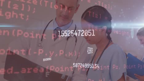 Animation-of-changing-numbers-over-computer-language-against-diverse-doctors-analyzing-x-ray-report
