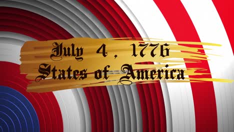 Animation-Des-Datumstextes-Der-Amerikanischen-Unabhängigkeit,-über-Ringen-Und-Sternen-In-Flaggenfarben