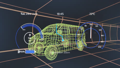 Animation-Von-Tachometern,-Zahlen-Und-Batteriesymbol-über-3D-Modell-Eines-Lieferwagens-Vor-Schwarzem-Hintergrund