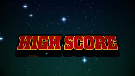 Animation-of-high-score-text-over-stars-and-snowfall-against-blue-background