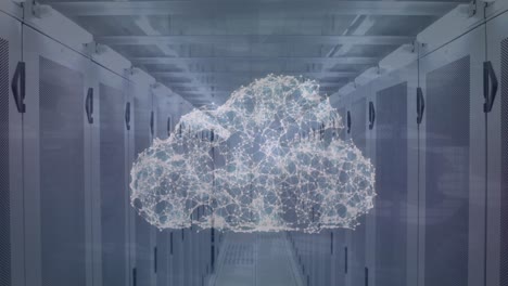 Animation-of-connected-dots-forming-cloud-against-server-room-in-background