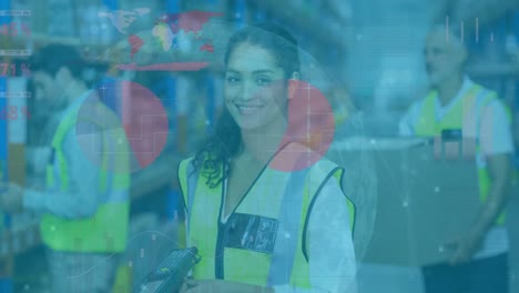 Animation-of-infographic-interface-over-globe-against-smiling-biracial-woman-standing-in-warehouse
