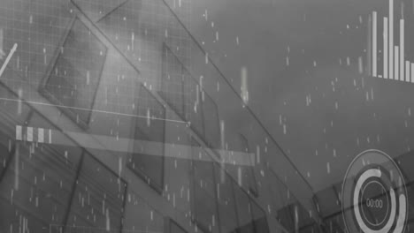 Animation-of-graphs-and-loading-circles-over-rainfall-on-low-angle-view-of-modern-buildings