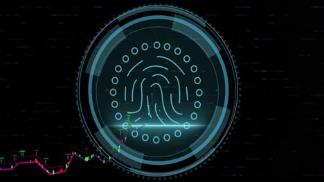 Animation-of-graphs-over-fingerprint-and-cyber-security-text-in-circles-against-changing-numbers
