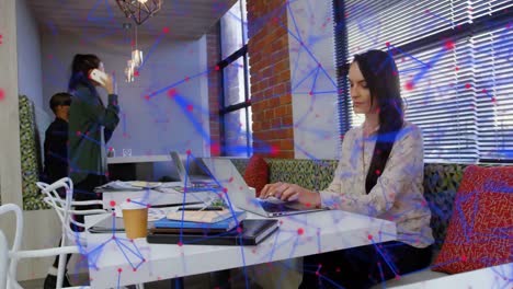Animation-of-connected-dots,-diverse-coworkers-using-vr-headset-and-laptop-and-talking-on-cellphone