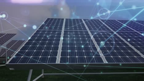 Animation-of-connected-dots-over-solar-panel-on-green-field-against-cloudy-sky