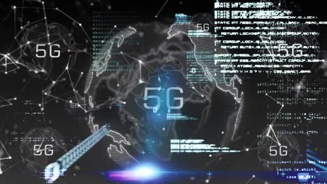 Animation-of-5g-text,-binary-codes-over-globes-and-computer-language-against-connected-dots