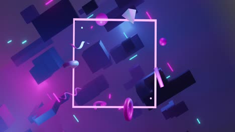 Animation-of-square-and-abstract-shapes-moving-on-purple-background