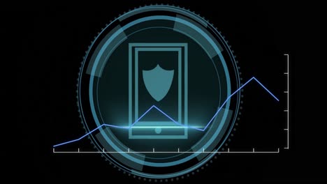 Animation-of-graph-over-cyber-security-text,-shield-in-digital-tablet-icon-against-black-background