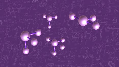 Animation-of-molecular-structures,-mathematical-equations-and-diagrams-over-purple-background