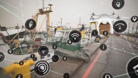 Animation-Verbundener-Symbole-über-Einer-Fliegenden-Drohne,-Die-Einen-Karton-Gegen-Im-Dock-Geparkte-Boote-Trägt