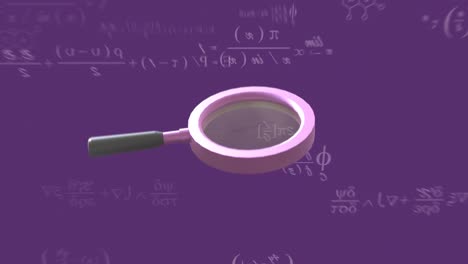 Magnifying-glass,-mathematical-equations-and-dna-strand-diagrams-over-purple-background