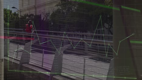 Animation-of-graphs-and-computer-language-over-african-american-man-running-on-bridge-in-city
