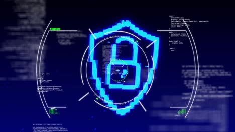 Animation-of-padlock-in-shield-in-circle-over-computer-language-against-abstract-background